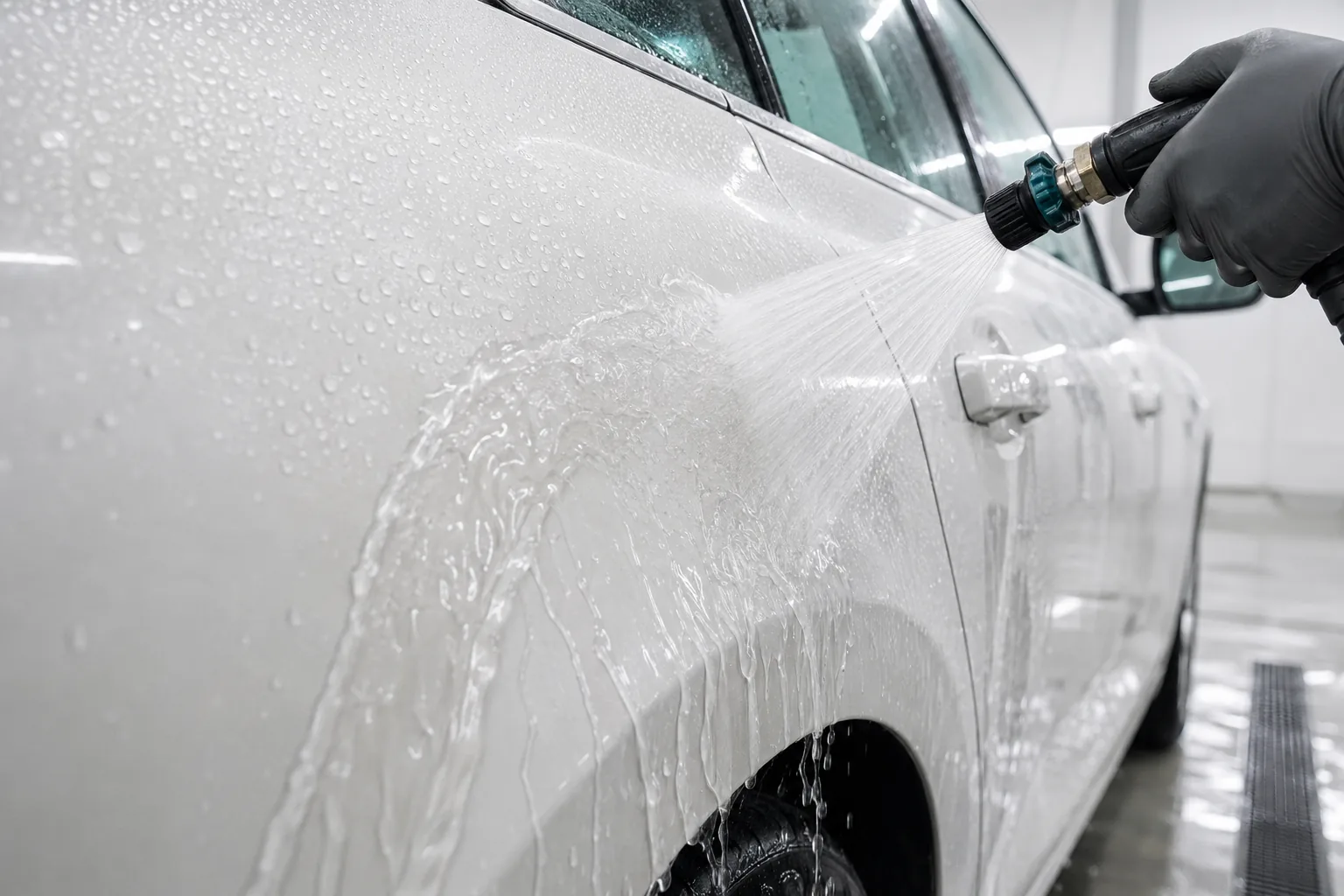 白い車を純水で丁寧にすすぐ洗車イメージ